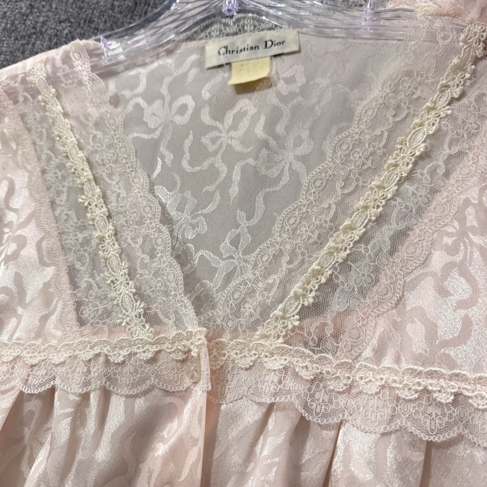 Christian Dior VTG  Baby Pink Satin Lace Maxi Nightgown Jacquard Bow Design Sz M - Picture 9 of 9